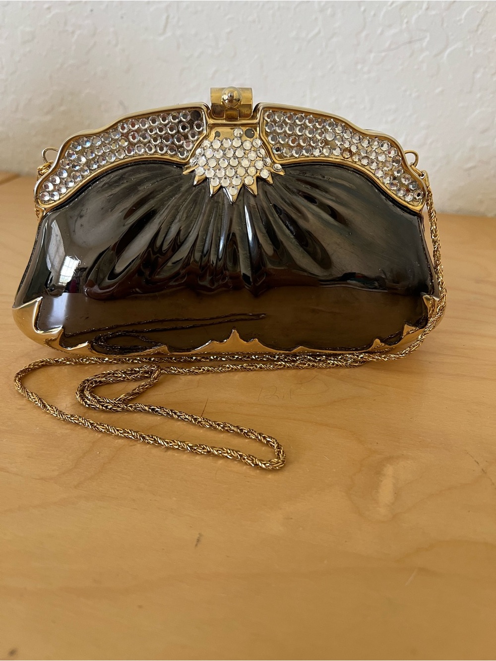 Black Patent Evening Clutch with Gold Chain and Crystal Detail